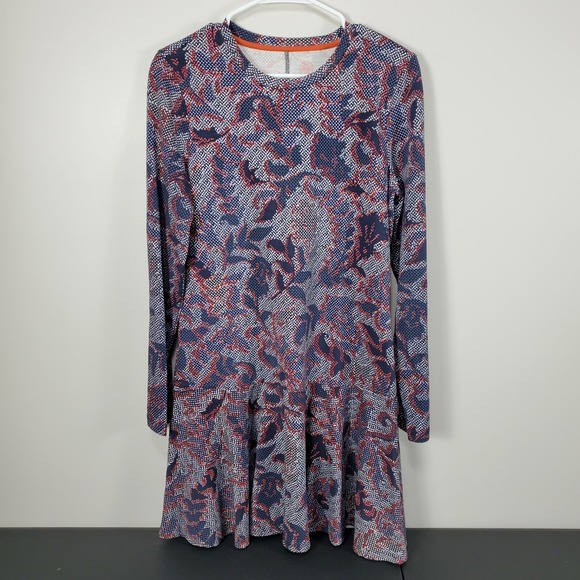 Tory Burch Dahlia Dress Size M Long Sleeve Navy Floral Drop Waist Pima Cotton - Picture 2 of 11